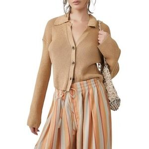 Free People Ribbed Collared Button Up‎ Cropped Cardigan Sweater Tan Boho Gypsy M
